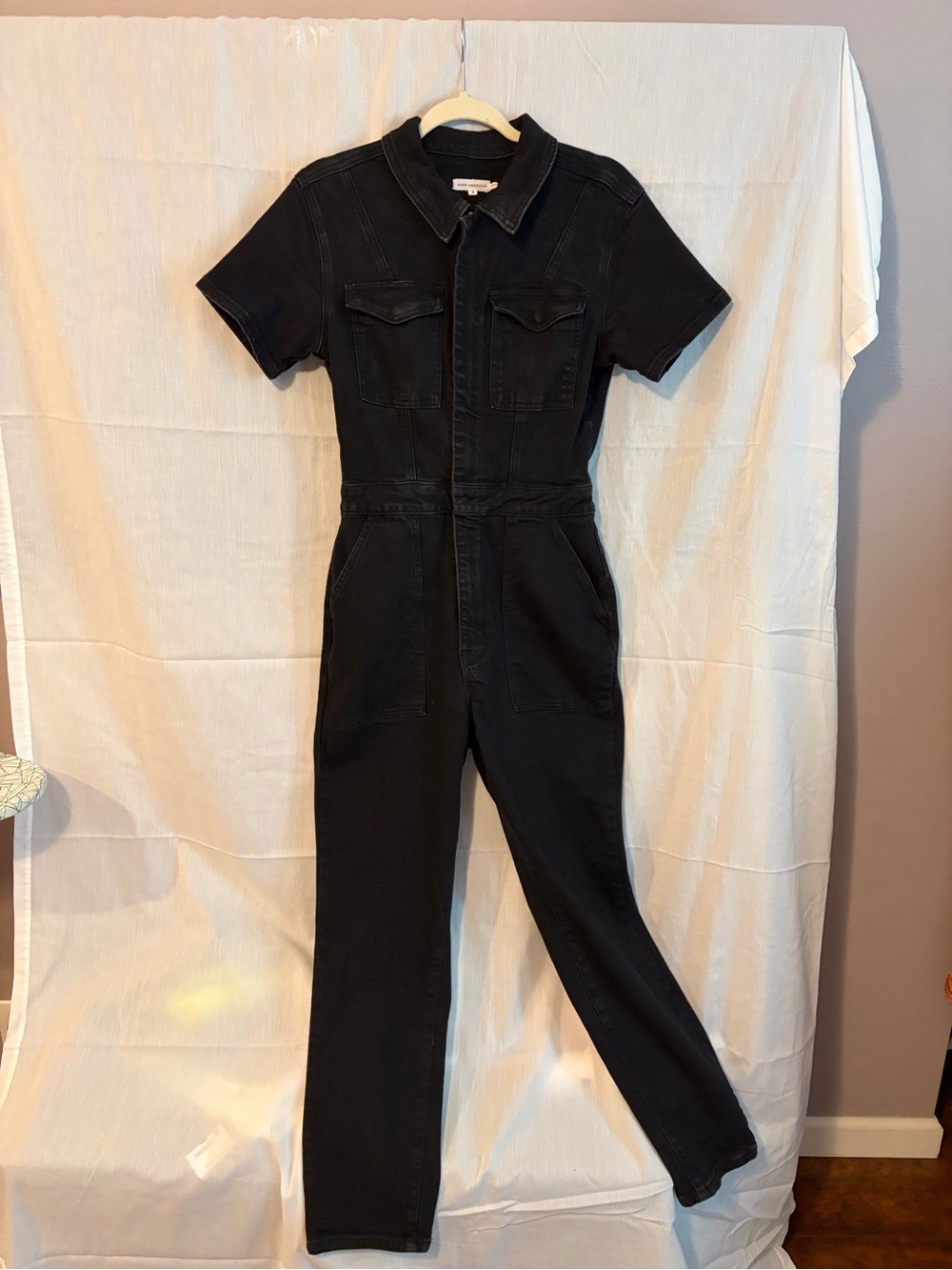 Good American Black Short-Sleeve Denim Jumpsuit